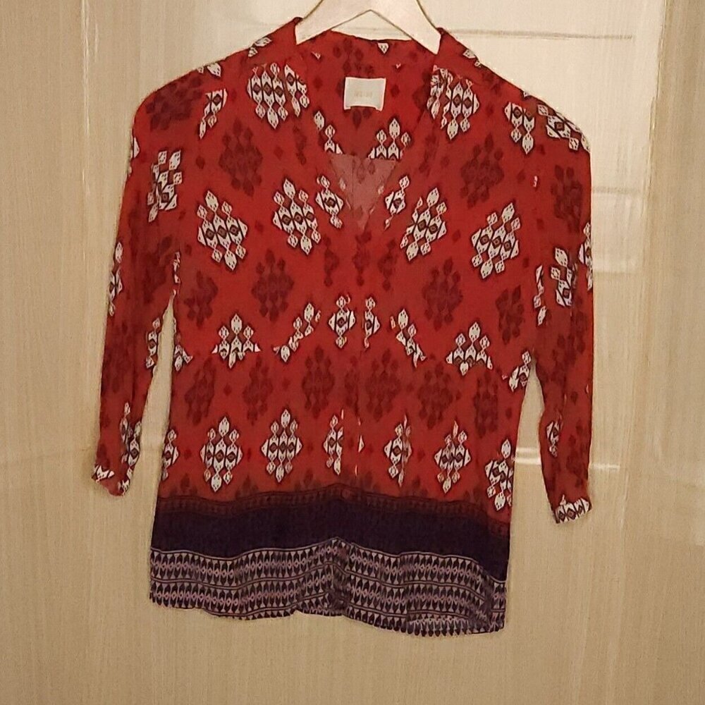 Maeve Red Silky Boho Button Front Blouse Small